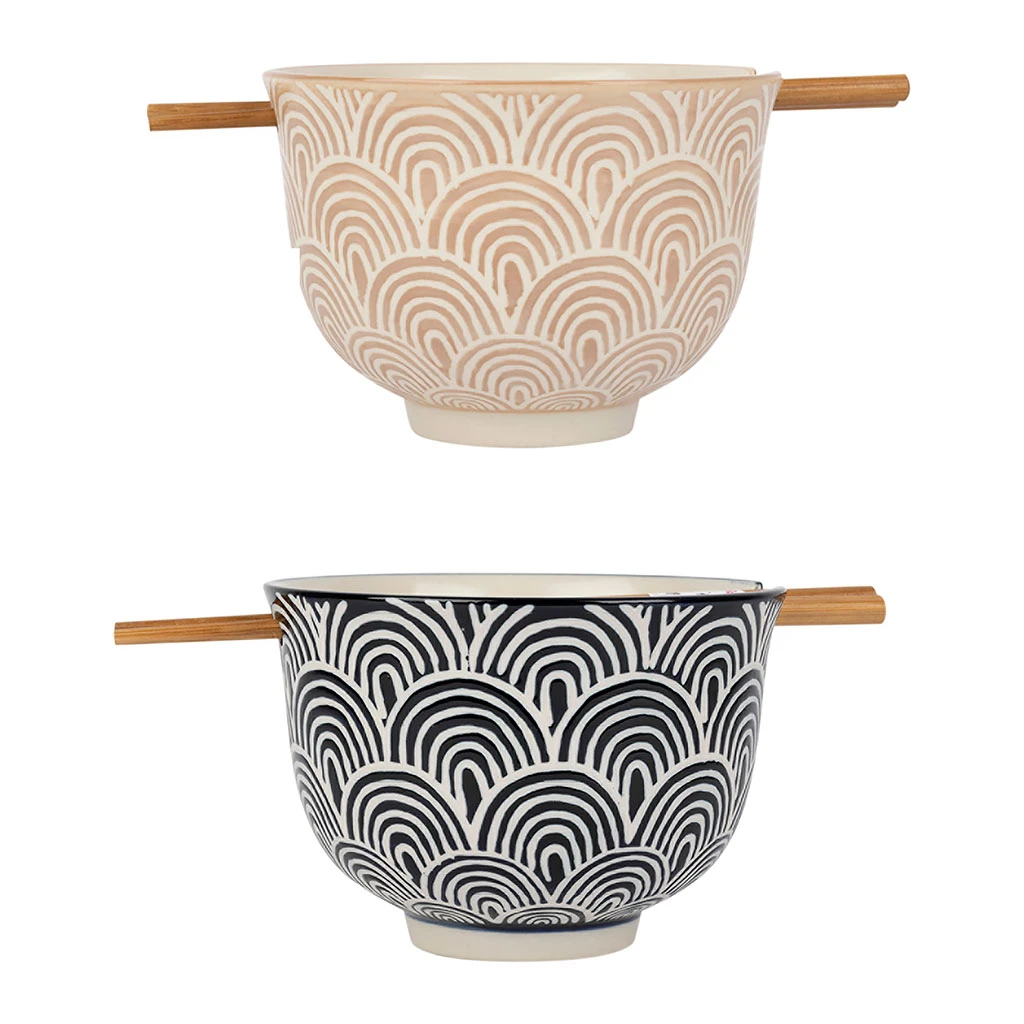 SEMA DESIGN Bols X2 Arc En Ciel Taupe Et Bleu Marine En Grès Et Baguettes En Bambou - Blue Sand 1 SEMA DESIGN Bols X2 Arc En Ciel Taupe Et Bleu Marine En Grès Et Baguettes En Bambou - Blue Sand