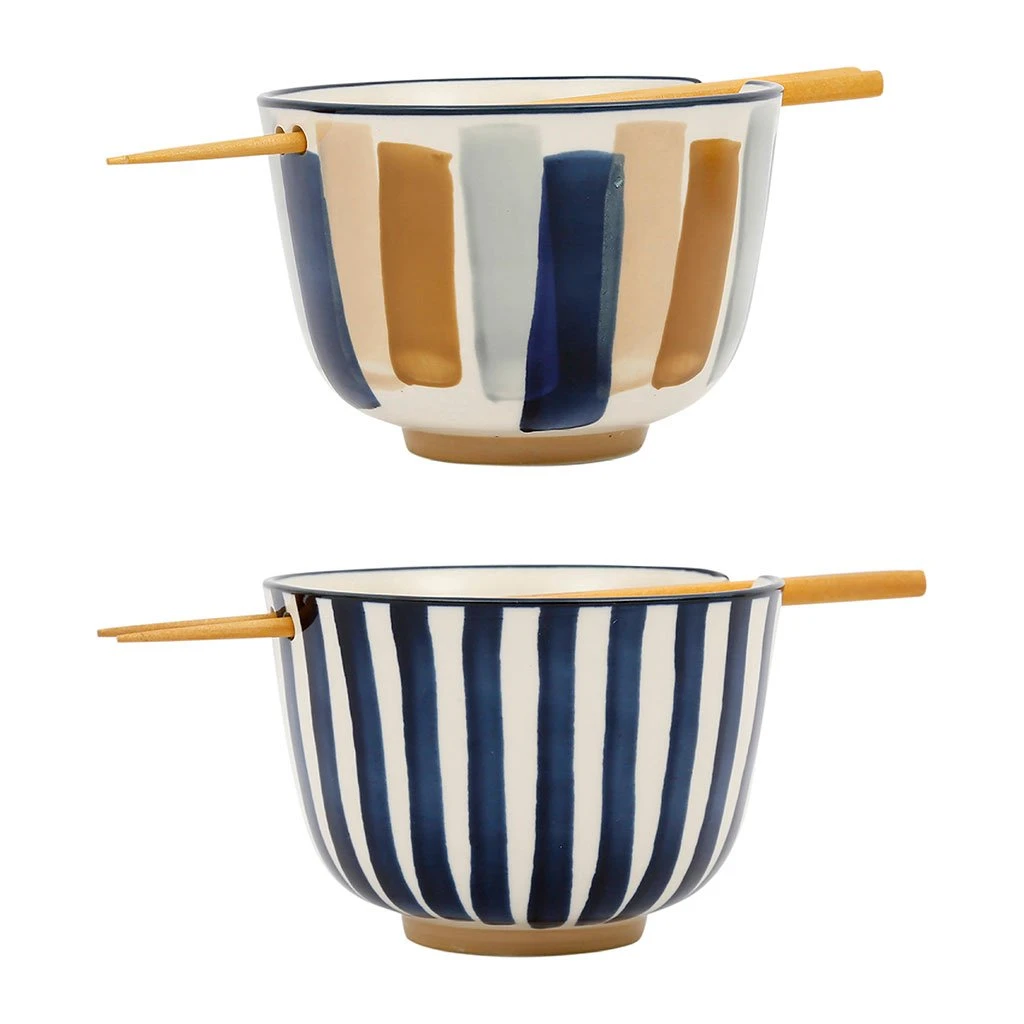 SEMA DESIGN Bols X2 Rayés Bleu Et Beige Et Baguettes En Bambou - Blue Sand 1 SEMA DESIGN Bols X2 Rayés Bleu Et Beige Et Baguettes En Bambou - Blue Sand